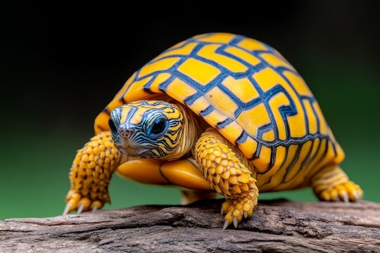 A dynamic image of a dwarf turtle crawling across a log, with its tiny shell covered in intricate patterns