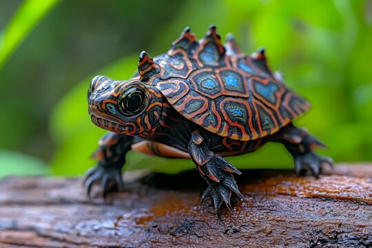 A dynamic image of a dwarf turtle crawling across a log, with its tiny shell covered in intricate patterns