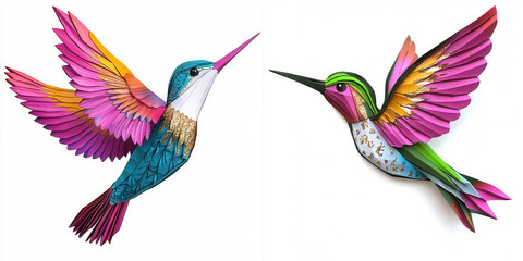 Obraz premium Origami. Vibrant, artistic depiction of two colorful hummingbirds in flight, showcasing intricate details and vivid hues.