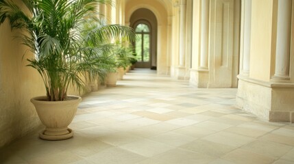 Fototapeta premium Serene Indoor Corridor with Potted Palm and Soft Natural Light