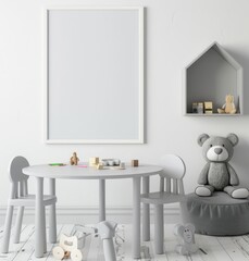 A blank framed canvas mockup in a child s playroom with a table. chairs. and toys