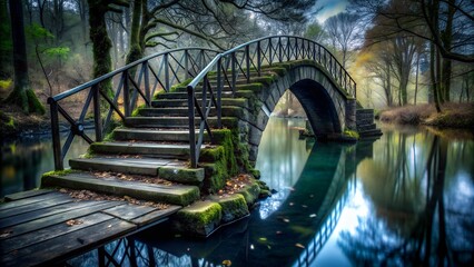 Picturesque stone footbridge over tranquil river in lush green forest