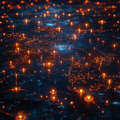 A digital network visualization with glowing nodes and interconnected lines.
