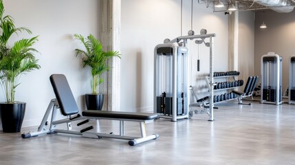 Modern and Minimalist Gym Interior with Exercise Equipment and Natural Plants