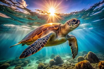 Obraz premium Captivating Macro Photography of a Sea Turtle Gracefully Swimming Near the Ocean Surface, Showcasing Vibrant Colors and Intricate Details of Marine Life