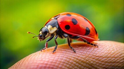 Captivating Macro Photography of a Small Ladybug Perched on a Human Finger, Showcasing Nature's Beauty and Intricate Details in a Close-Up Shot