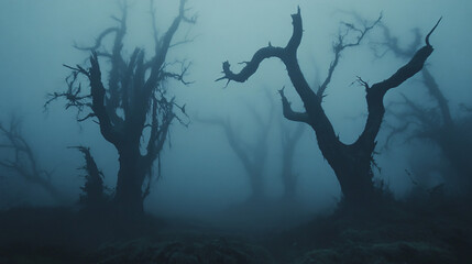 Obraz premium Creepy silhouettes of trees against a foggy backdrop, ominous and eerie.
