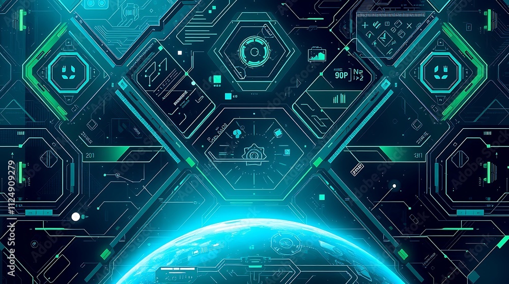 Aufkleber global network: a futuristic, abstract, and dynamic illustration of interconnected hexagonal nodes a