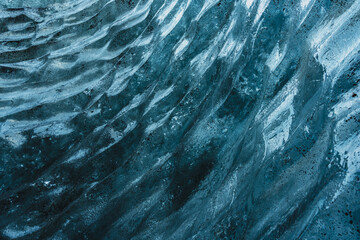 Detailed, close-Up Of Ice In An Ice Cave. Blue pattern, texture. Southern Iceland. Copy space for text or background.