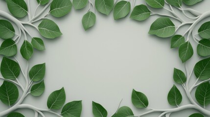 Naklejka premium Green Leaf Frame with Delicate Branches on Soft Gray Background for Nature Themes