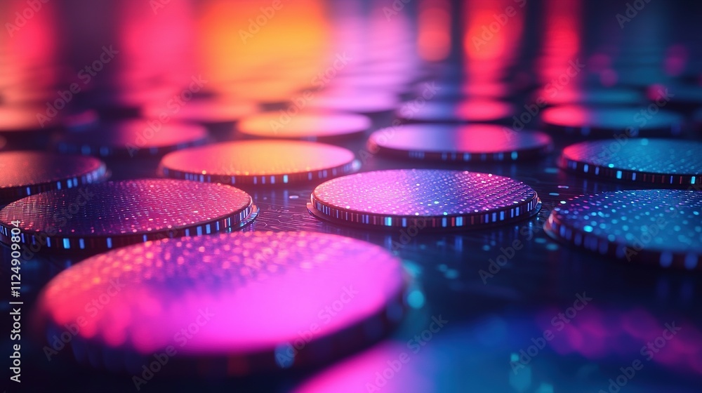Poster neon lit circular discs data network abstract