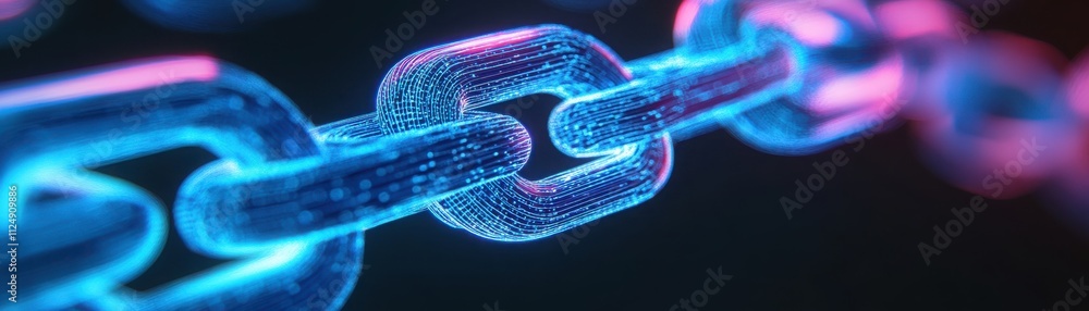 Poster a vibrant close-up of a futuristic link in a digital chain, symbolizing connectivity and innovation 