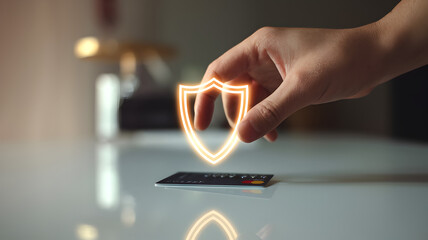 Digital Payments Trust Assurance Concept. A hand places a digital shield over a credit card on a table.
