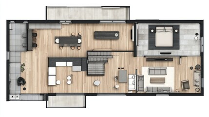 floor plan with kitchen island and living room for modern socializing