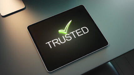Digital Payments Trust Assurance Concept. Trusted brand message on a tablet with a checkmark symbol.