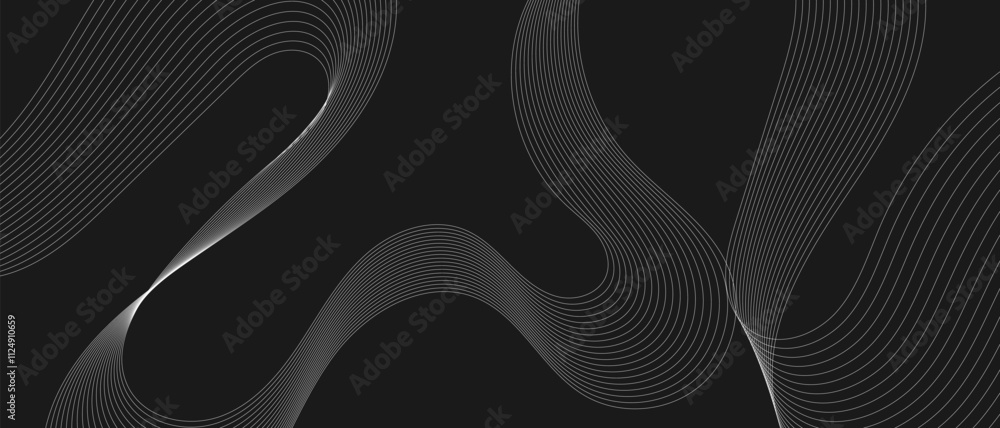Poster abstract black background with flowing white curved lines creating a wave effect