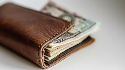 A close-up of a brown leather wallet partially open, revealing cash inside.