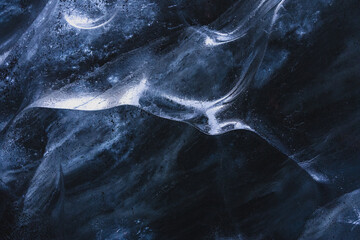 Detailed, close-Up Of Ice In An Ice Cave. Blue pattern, texture. Southern Iceland. Copy space for text or background.
