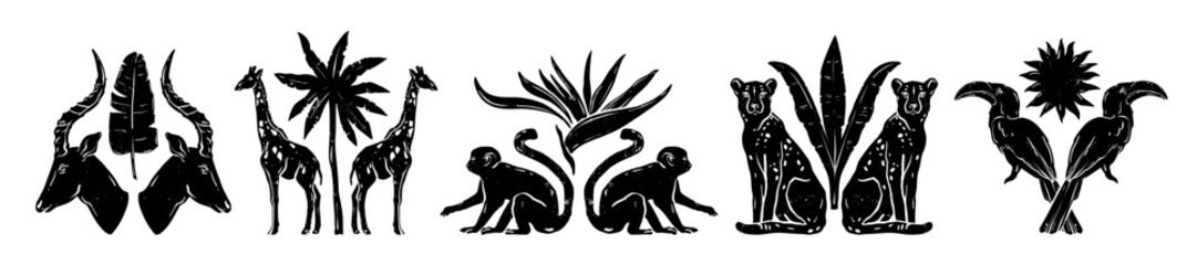 African animal linocut print, vector hand drawn tropical nature logo, giraffe silhouette, monkey. Wild exotic decorative logotype kit, palm leaf, cheetah, gazelle jungle boho shape. African animal set