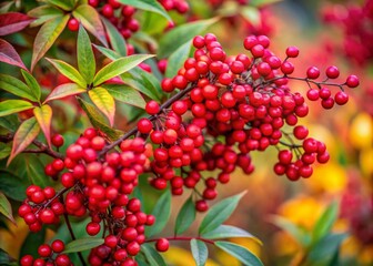 Captivating Macro Photography of Nandina Domestica, Showcasing the Intricate Details of Heavenly Bamboo Leaves and Berries in a Horizontal Format