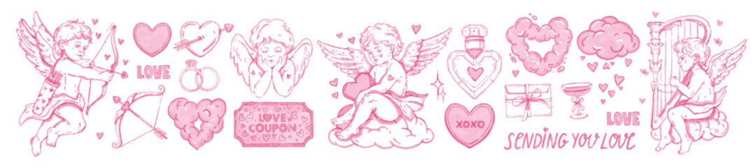 Valentine day cherub print set, vector romantic holiday sticker collection, cute baby angel, cloud. Pink watercolor heart design object, love coupon, potion, cartoon cupid bow. Valentine cherub tattoo