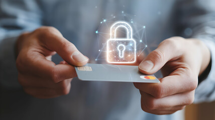 Digital Payments Trust Assurance Concept. A person holding a card with a digital lock icon above it.