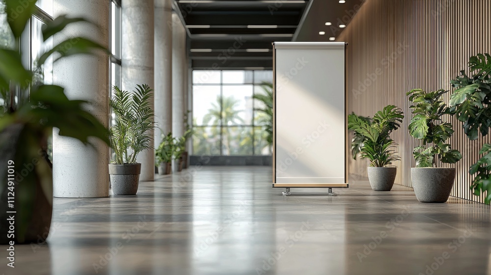 Poster a sleek roll-up standee banner stands prominently in a contemporary corridor filled with lush greene