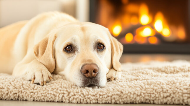 Serene golden labrador retriever relaxes on a cozy blanket by a toasty fireplace, savoring the comfort of home - Powered by Adobe