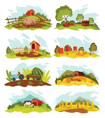 Farm landscape set. Collection agriculture field, rural nature scene. Ruralfield panorama with sheds, barns and tractors