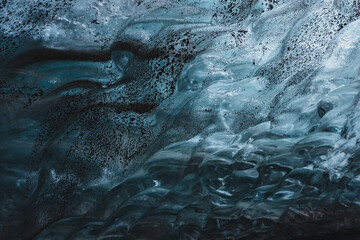 Detailed, close-Up Of Ice In An Ice Cave. Blue pattern, texture. Southern Iceland. Copy space for text or background.