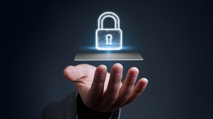 Digital Payments Trust Assurance Concept. A hand holding a glowing digital lock icon over a surface.