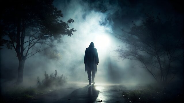 Mysterious figure walking in dark foggy forest at night
