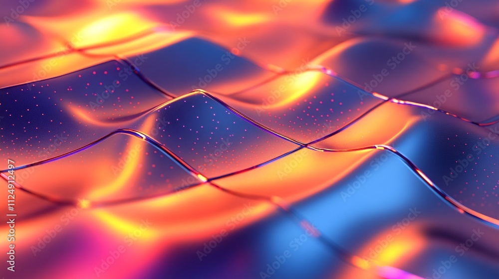 Aufkleber Abstract wavy surface with glowing grid and particles creating modern design