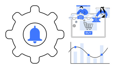 Gear with notification bell icon beside online shopping and cashback interaction, graph charting business data. Ideal for e-commerce, notifications, analytics, marketing, and performance tracking