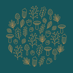 Christmas outline greeting card with mushrooms, leaves, berries, acorns, cones on green background. Circle ornament. Perfect for seasonal holidays and winter decorations. Vector illustration