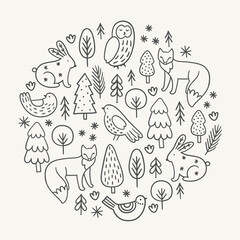 Christmas outline greeting card with owl, fox, bird, rabbit, fir trees, snowflakes on white background. Circle ornament. Perfect for seasonal holidays and winter decorations. Vector illustration