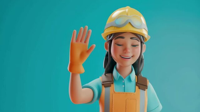 A cute 3D style character of a friendly female construction worker waving