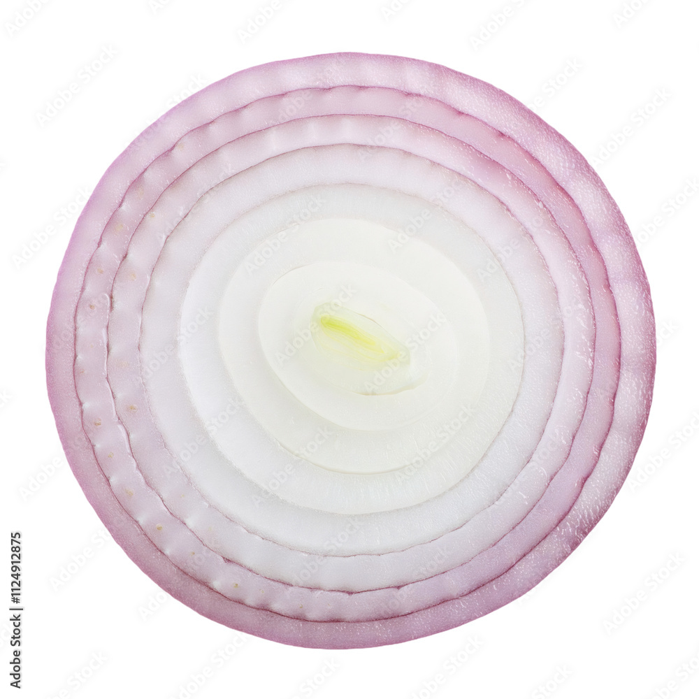 Poster close up of a red onion slice displaying its stunning concentric rings, set against a clear backgrou