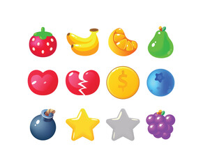 Game UI icons. Mobile application or game interface elements. Cartoon colorful design. Stickers or labels for user interface