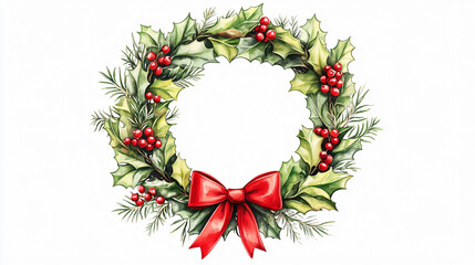 Festive Cartoon Wreath with Red Bows and Holly Berries for Holiday Illustrations on White Background