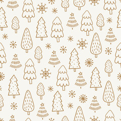 Christmas outline seamless pattern with fir trees and snowflakes on white background. Perfect for wallpaper, gift paper, winter greeting cards. Vector hand drawn illustration