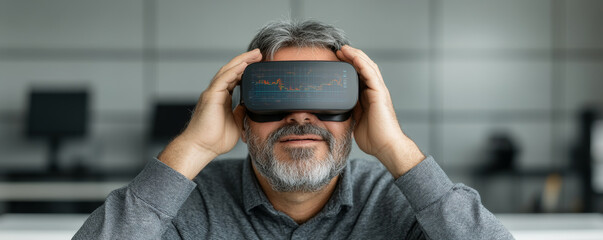 Businessman using virtual reality headset is analyzing stock market data and charts, experiencing immersive trading in modern office