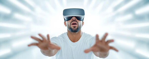 Man immersed in virtual reality environment, interacting with glowing data grids and geometric shapes through vr headset