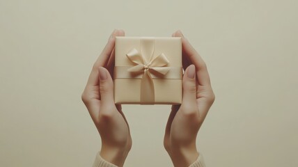 Woman's hands holding a small tender cozy paper gift box with ribbon isolated on natural beige background. Top view