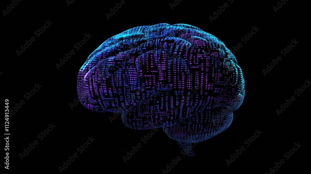 Aufkleber Visual representation of a futuristic brain constructed from vibrant blue and purple digital grids, emphasizing the complexity of technology. Generative AI