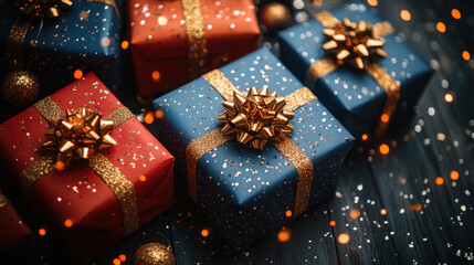 Holiday background with vibrant gift boxes and sparkling confetti scattered on a wooden floor