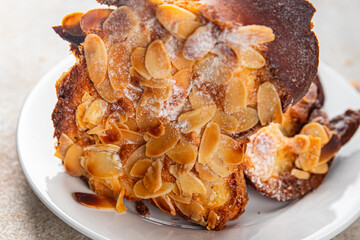 Brioche sweet almond french toast fresh tasty food dish delicious gourmet food background on the...