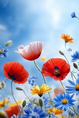 Obraz premium Blossoms reach upward toward bright summer sky, colors vivid and fresh, embodying carefree spirit and open beauty of season, as if embracing warm sunlit freedom Concept beauty of blossom 