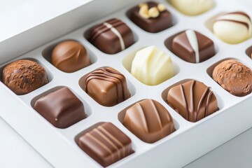Gourmet chocolate candies with various flavors and toppings presented in an elegant white box, creating an appealing assortment