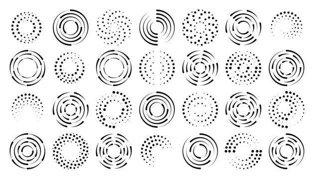 Halftone dotted speed lines circle set. Geometric art in circle forms. Round swirl movement symbols. Halftone circular dotted frames. Vector design elements